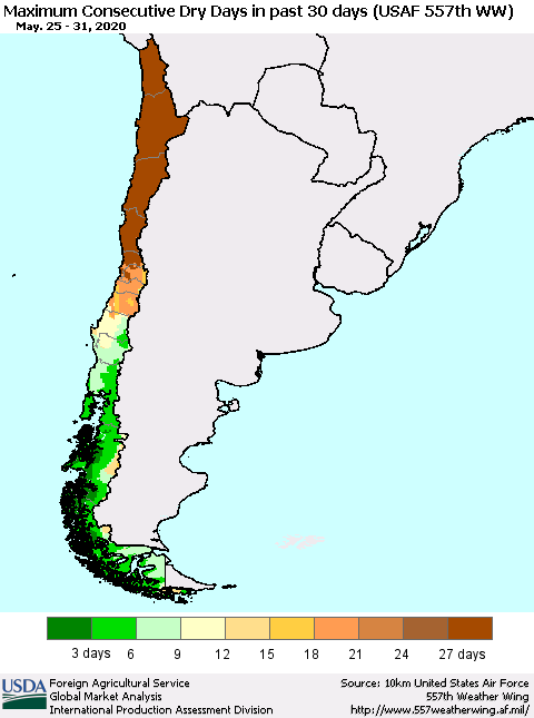 Chile Maximum Consecutive Dry Days in past 30 days (USAF 557th WW) 05/31/2020 Thematic Map For 5/25/2020 - 5/31/2020