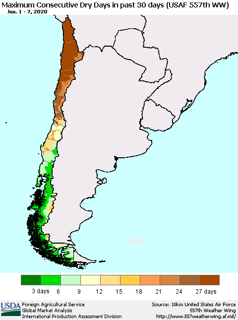 Chile Maximum Consecutive Dry Days in past 30 days (USAF 557th WW) 06/07/2020 Thematic Map For 6/1/2020 - 6/7/2020