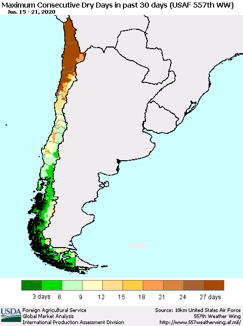 Chile Maximum Consecutive Dry Days in past 30 days (USAF 557th WW) 06/21/2020 Thematic Map For 6/15/2020 - 6/21/2020
