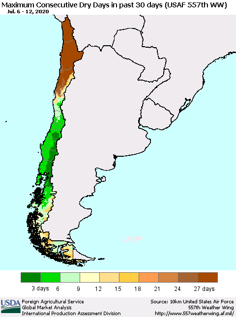 Chile Maximum Consecutive Dry Days in past 30 days (USAF 557th WW) 07/12/2020 Thematic Map For 7/6/2020 - 7/12/2020