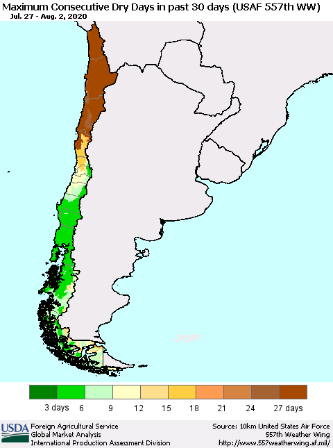 Chile Maximum Consecutive Dry Days in past 30 days (USAF 557th WW) 08/02/2020 Thematic Map For 7/27/2020 - 8/2/2020