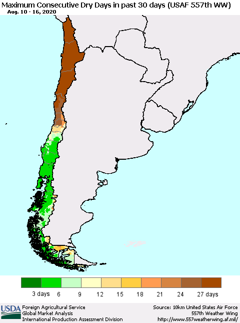 Chile Maximum Consecutive Dry Days in past 30 days (USAF 557th WW) 08/16/2020 Thematic Map For 8/10/2020 - 8/16/2020