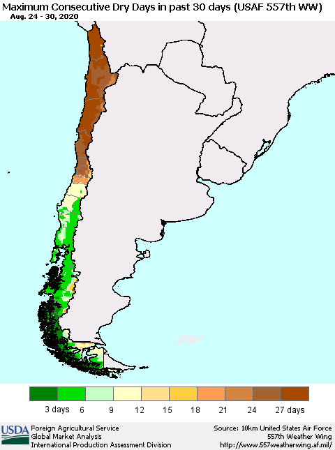 Chile Maximum Consecutive Dry Days in past 30 days (USAF 557th WW) 08/30/2020 Thematic Map For 8/24/2020 - 8/30/2020