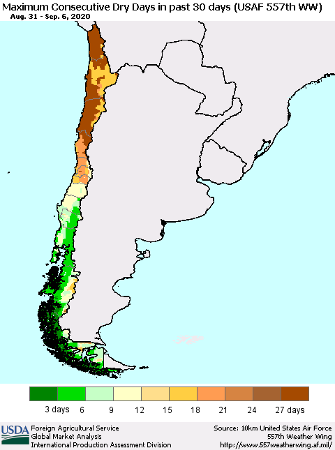 Chile Maximum Consecutive Dry Days in past 30 days (USAF 557th WW) 09/06/2020 Thematic Map For 8/31/2020 - 9/6/2020