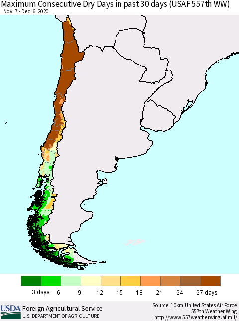 Chile Maximum Consecutive Dry Days in past 30 days (USAF 557th WW) 12/06/2020 Thematic Map For 11/30/2020 - 12/6/2020