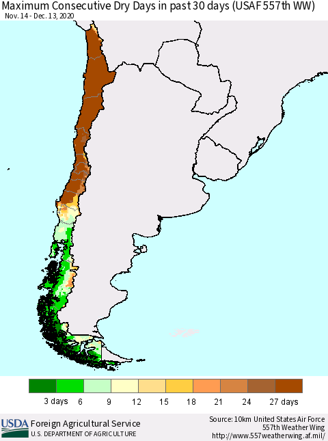 Chile Maximum Consecutive Dry Days in past 30 days (USAF 557th WW) 12/13/2020 Thematic Map For 12/7/2020 - 12/13/2020