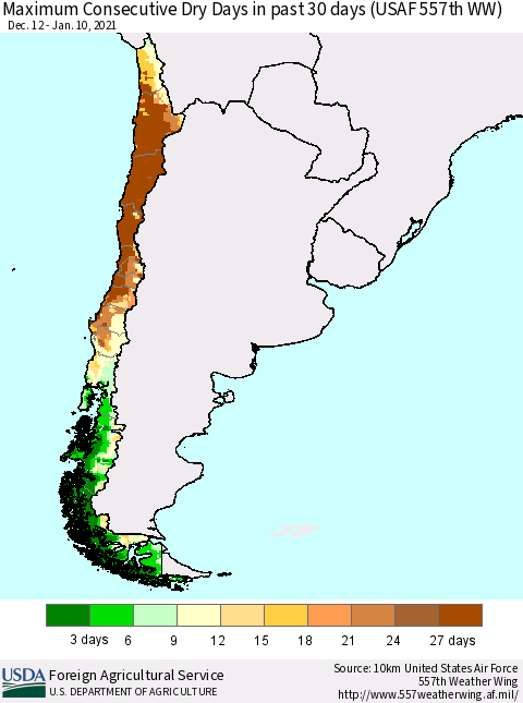 Chile Maximum Consecutive Dry Days in past 30 days (USAF 557th WW) 01/10/2021 Thematic Map For 1/4/2021 - 1/10/2021