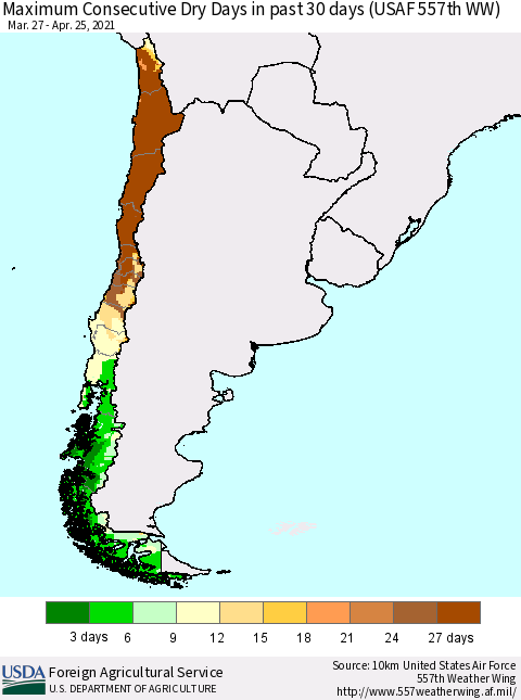 Chile Maximum Consecutive Dry Days in past 30 days (USAF 557th WW) 04/25/2021 Thematic Map For 4/19/2021 - 4/25/2021