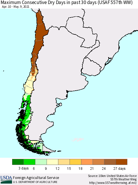 Chile Maximum Consecutive Dry Days in past 30 days (USAF 557th WW) 05/09/2021 Thematic Map For 5/3/2021 - 5/9/2021