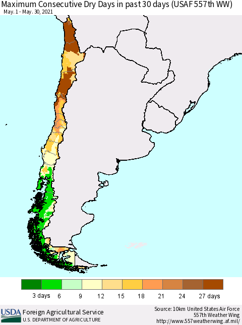 Chile Maximum Consecutive Dry Days in past 30 days (USAF 557th WW) 05/30/2021 Thematic Map For 5/24/2021 - 5/30/2021