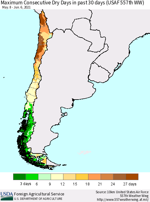 Chile Maximum Consecutive Dry Days in past 30 days (USAF 557th WW) 06/06/2021 Thematic Map For 5/31/2021 - 6/6/2021
