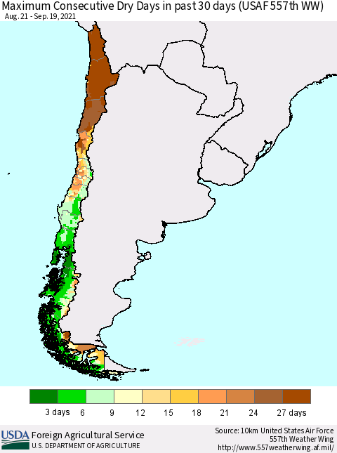 Chile Maximum Consecutive Dry Days in past 30 days (USAF 557th WW) 09/19/2021 Thematic Map For 9/13/2021 - 9/19/2021
