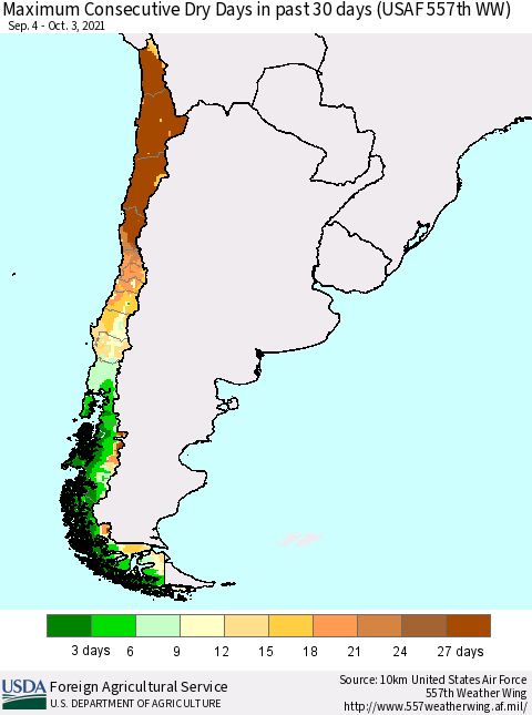 Chile Maximum Consecutive Dry Days in past 30 days (USAF 557th WW) 10/03/2021 Thematic Map For 9/27/2021 - 10/3/2021