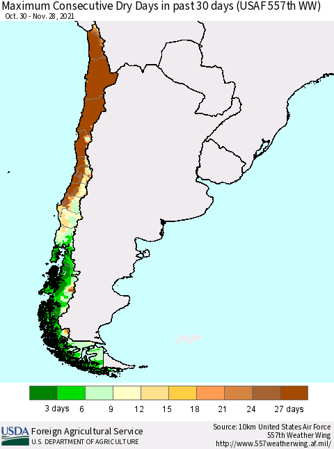 Chile Maximum Consecutive Dry Days in past 30 days (USAF 557th WW) 11/28/2021 Thematic Map For 11/22/2021 - 11/28/2021