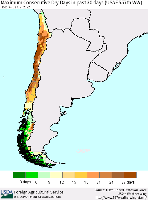 Chile Maximum Consecutive Dry Days in past 30 days (USAF 557th WW) 01/02/2022 Thematic Map For 12/27/2021 - 1/2/2022