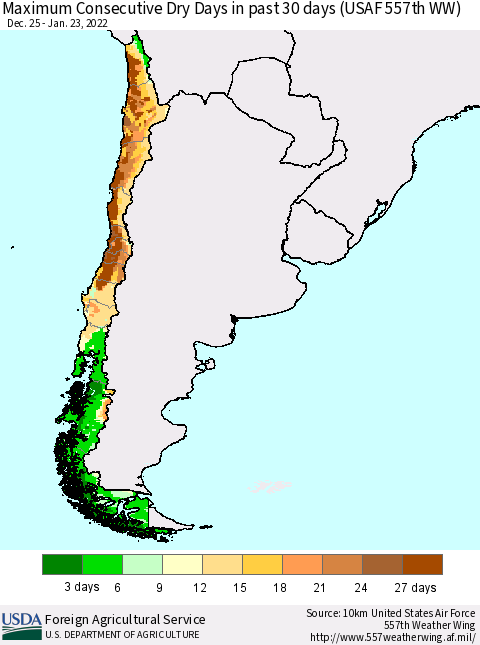 Chile Maximum Consecutive Dry Days in past 30 days (USAF 557th WW) 01/23/2022 Thematic Map For 1/17/2022 - 1/23/2022