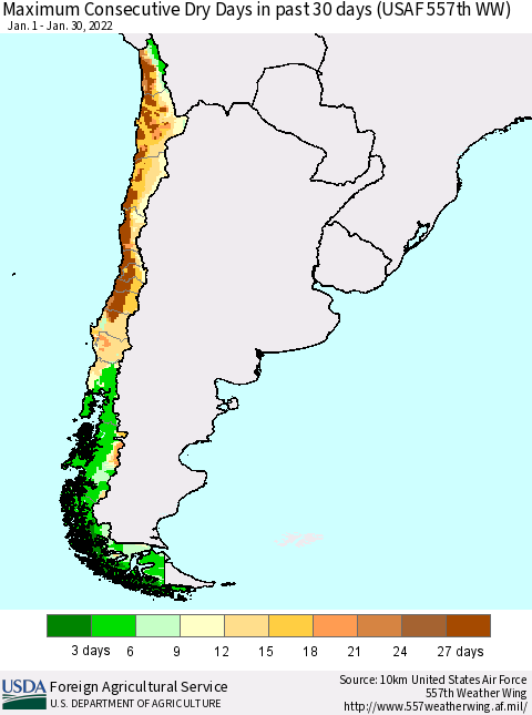 Chile Maximum Consecutive Dry Days in past 30 days (USAF 557th WW) 01/30/2022 Thematic Map For 1/24/2022 - 1/30/2022