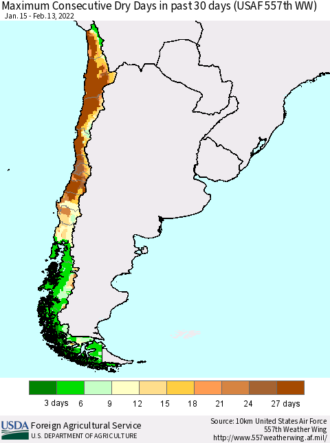 Chile Maximum Consecutive Dry Days in past 30 days (USAF 557th WW) 02/13/2022 Thematic Map For 2/7/2022 - 2/13/2022