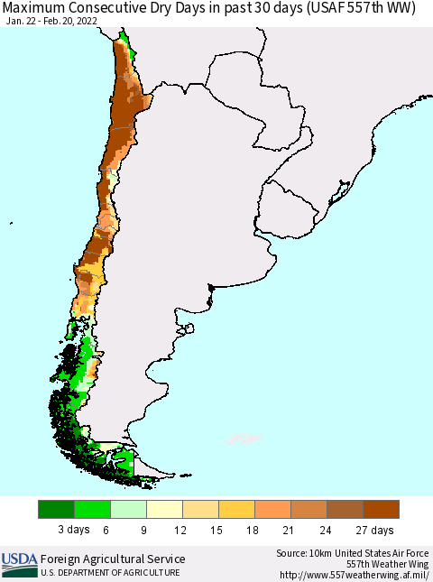 Chile Maximum Consecutive Dry Days in past 30 days (USAF 557th WW) 02/20/2022 Thematic Map For 2/14/2022 - 2/20/2022