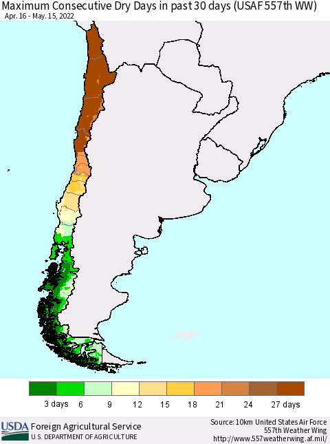 Chile Maximum Consecutive Dry Days in past 30 days (USAF 557th WW) 05/15/2022 Thematic Map For 5/9/2022 - 5/15/2022