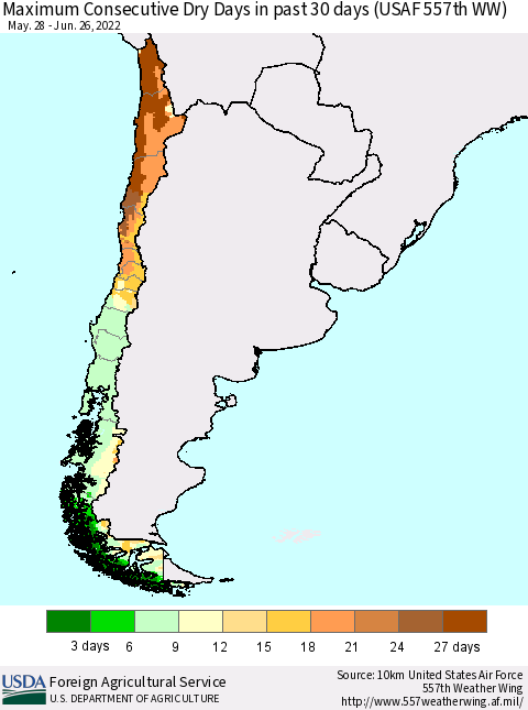 Chile Maximum Consecutive Dry Days in past 30 days (USAF 557th WW) 06/26/2022 Thematic Map For 6/20/2022 - 6/26/2022
