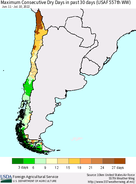 Chile Maximum Consecutive Dry Days in past 30 days (USAF 557th WW) 07/10/2022 Thematic Map For 7/4/2022 - 7/10/2022