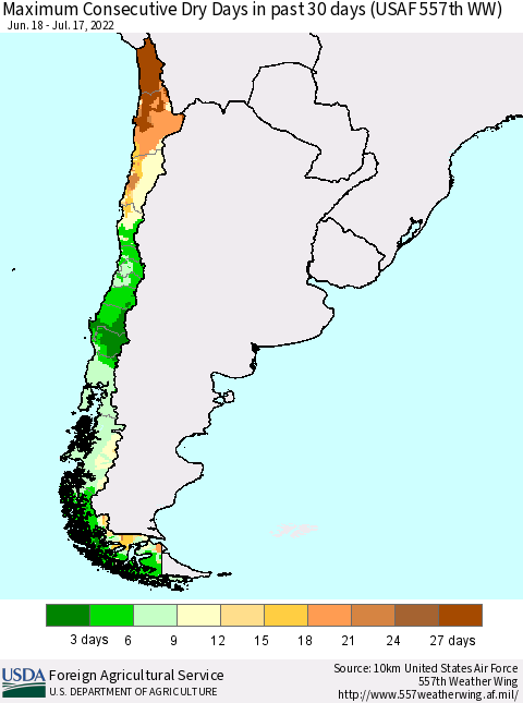 Chile Maximum Consecutive Dry Days in past 30 days (USAF 557th WW) 07/17/2022 Thematic Map For 7/11/2022 - 7/17/2022