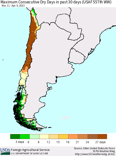 Chile Maximum Consecutive Dry Days in past 30 days (USAF 557th WW) 04/09/2023 Thematic Map For 4/3/2023 - 4/9/2023