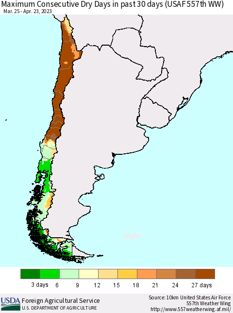 Chile Maximum Consecutive Dry Days in past 30 days (USAF 557th WW) 04/23/2023 Thematic Map For 4/17/2023 - 4/23/2023