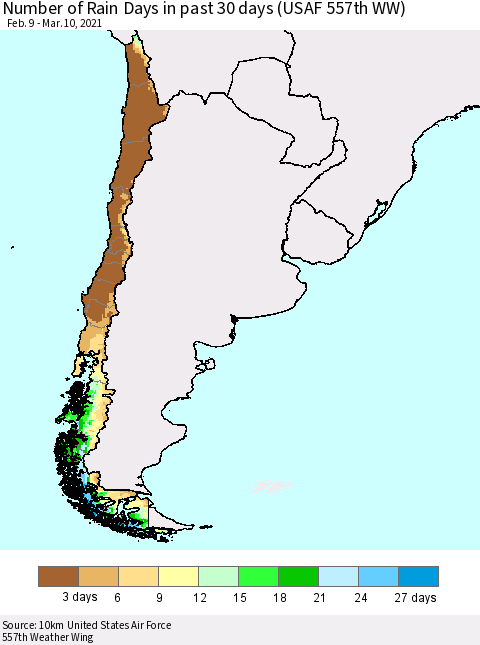 Chile Number of Rain Days in past 30 days (USAF 557th WW) 03/10/2021 Thematic Map For 3/6/2021 - 3/10/2021
