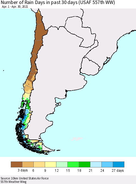 Chile Number of Rain Days in past 30 days (USAF 557th WW) 04/30/2021 Thematic Map For 4/26/2021 - 4/30/2021