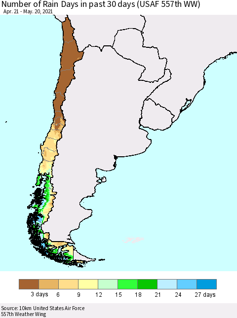 Chile Number of Rain Days in past 30 days (USAF 557th WW) 05/20/2021 Thematic Map For 5/16/2021 - 5/20/2021