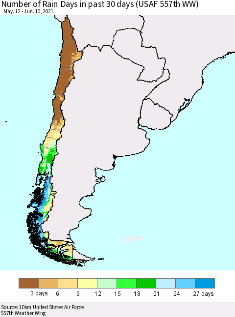 Chile Number of Rain Days in past 30 days (USAF 557th WW) 06/10/2021 Thematic Map For 6/6/2021 - 6/10/2021