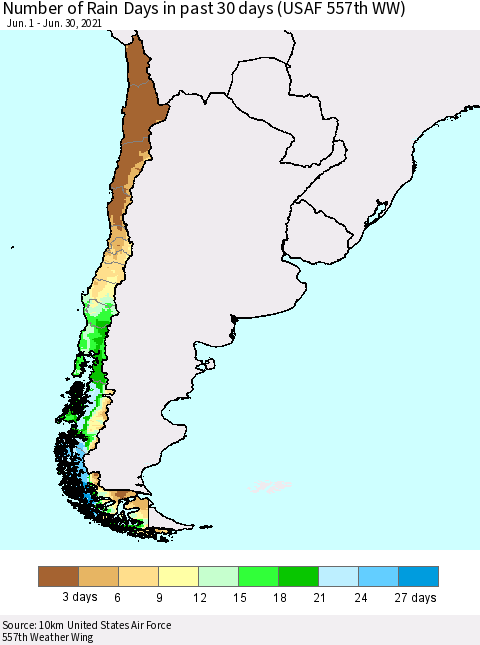 Chile Number of Rain Days in past 30 days (USAF 557th WW) 06/30/2021 Thematic Map For 6/26/2021 - 6/30/2021