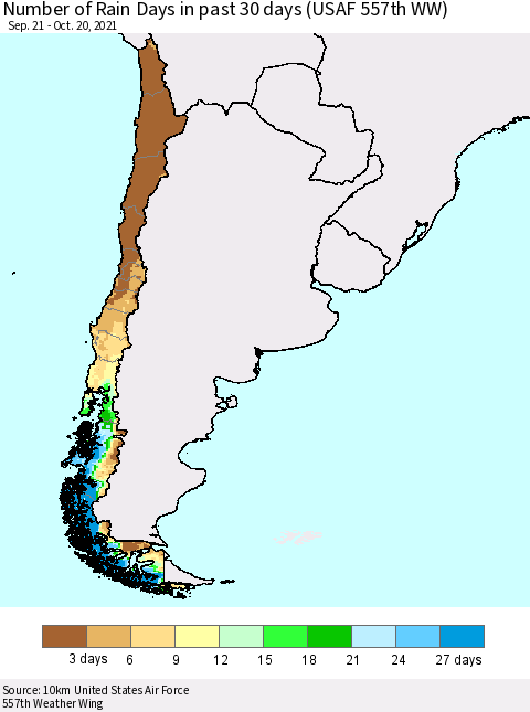Chile Number of Rain Days in past 30 days (USAF 557th WW) 10/20/2021 Thematic Map For 10/16/2021 - 10/20/2021