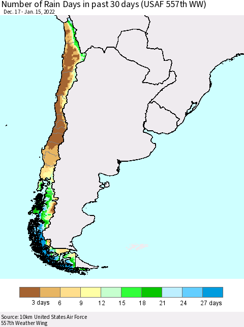 Chile Number of Rain Days in past 30 days (USAF 557th WW) 01/15/2022 Thematic Map For 1/11/2022 - 1/15/2022