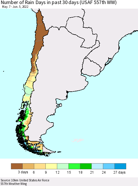 Chile Number of Rain Days in past 30 days (USAF 557th WW) 06/05/2022 Thematic Map For 6/1/2022 - 6/5/2022