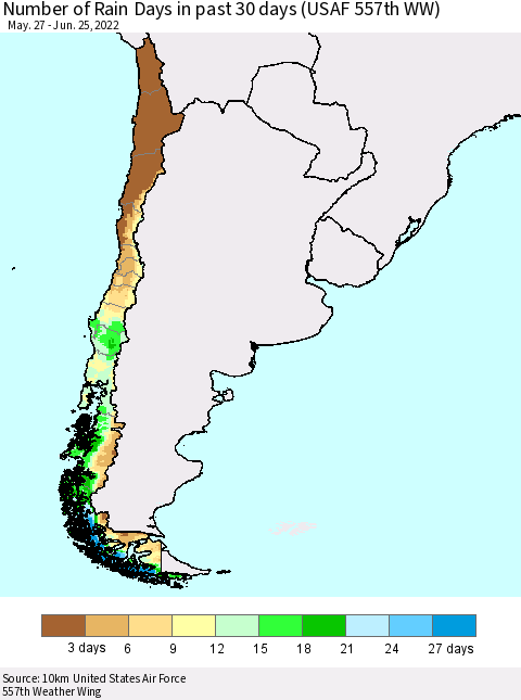 Chile Number of Rain Days in past 30 days (USAF 557th WW) 06/25/2022 Thematic Map For 6/21/2022 - 6/25/2022