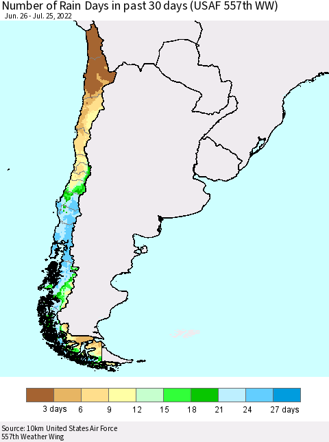 Chile Number of Rain Days in past 30 days (USAF 557th WW) 07/25/2022 Thematic Map For 7/21/2022 - 7/25/2022