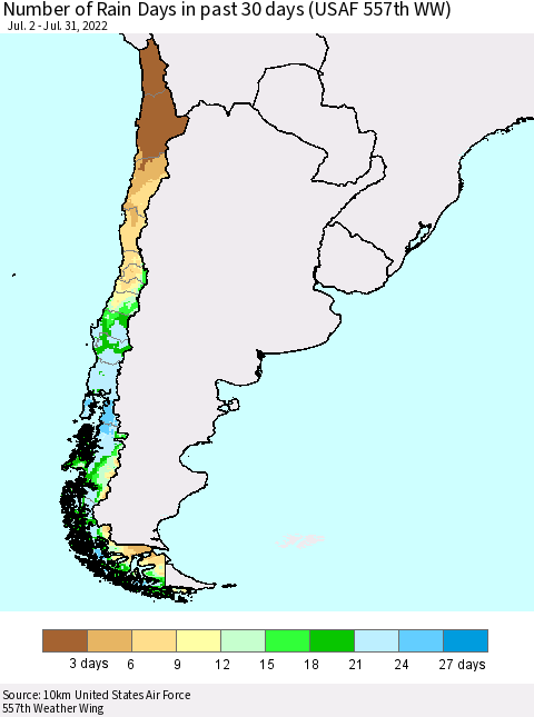 Chile Number of Rain Days in past 30 days (USAF 557th WW) 07/31/2022 Thematic Map For 7/26/2022 - 7/31/2022
