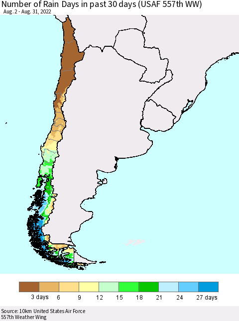 Chile Number of Rain Days in past 30 days (USAF 557th WW) 08/31/2022 Thematic Map For 8/26/2022 - 8/31/2022