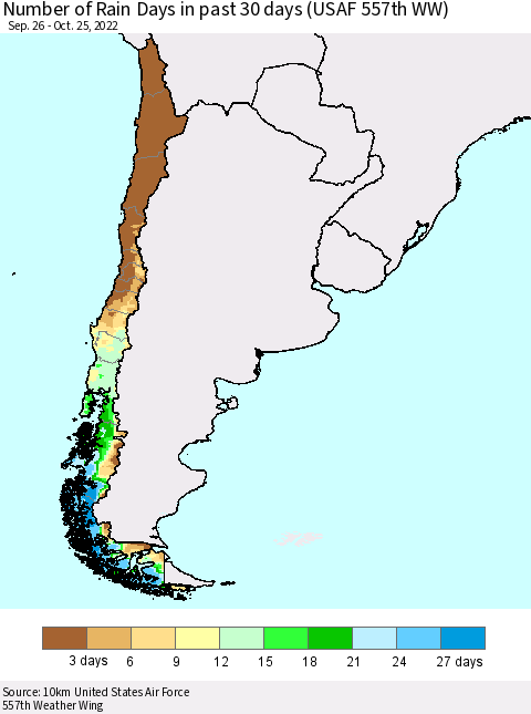 Chile Number of Rain Days in past 30 days (USAF 557th WW) 10/25/2022 Thematic Map For 10/21/2022 - 10/25/2022