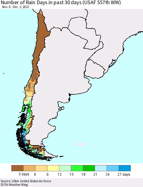 Chile Number of Rain Days in past 30 days (USAF 557th WW) 12/05/2022 Thematic Map For 12/1/2022 - 12/5/2022
