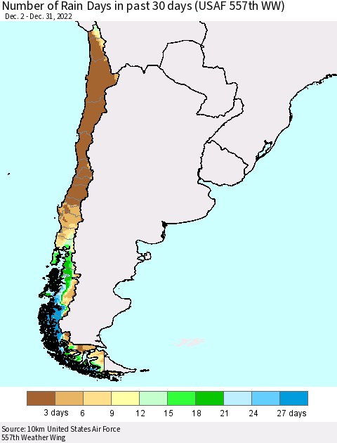 Chile Number of Rain Days in past 30 days (USAF 557th WW) 12/31/2022 Thematic Map For 12/26/2022 - 12/31/2022