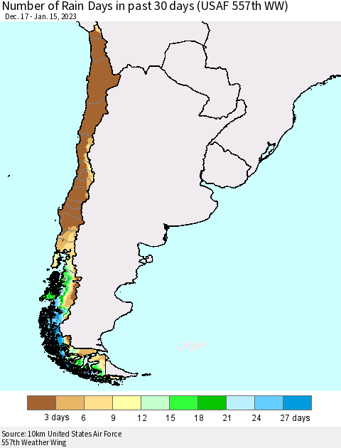 Chile Number of Rain Days in past 30 days (USAF 557th WW) 01/15/2023 Thematic Map For 1/11/2023 - 1/15/2023