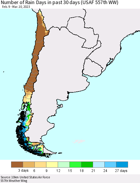 Chile Number of Rain Days in past 30 days (USAF 557th WW) 03/10/2023 Thematic Map For 3/6/2023 - 3/10/2023