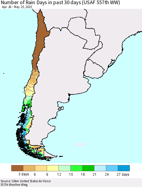 Chile Number of Rain Days in past 30 days (USAF 557th WW) 05/25/2023 Thematic Map For 5/21/2023 - 5/25/2023