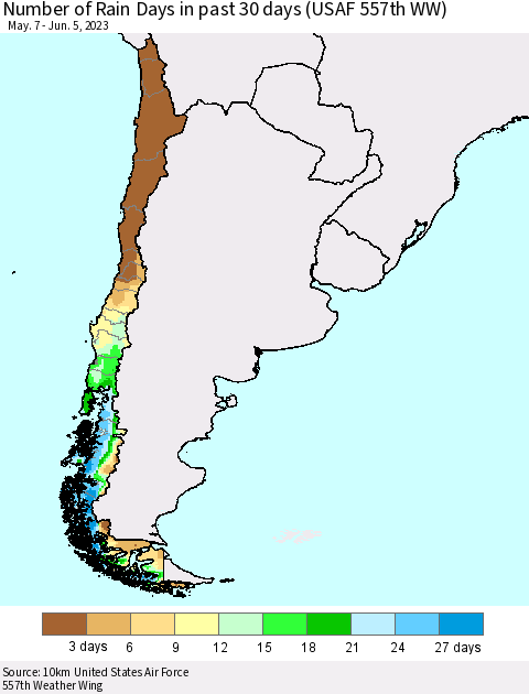 Chile Number of Rain Days in past 30 days (USAF 557th WW) 06/05/2023 Thematic Map For 6/1/2023 - 6/5/2023