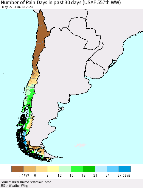 Chile Number of Rain Days in past 30 days (USAF 557th WW) 06/20/2023 Thematic Map For 6/16/2023 - 6/20/2023