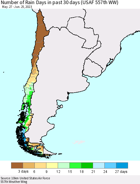 Chile Number of Rain Days in past 30 days (USAF 557th WW) 06/25/2023 Thematic Map For 6/21/2023 - 6/25/2023